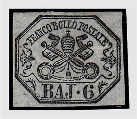 STATO PONTIFICIO - 1852, 6 baj grigio (7a) nuovo, rara sottotinta. (Cert. E....