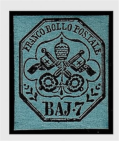 STATO PONTIFICIO - 1852, 7 baj azzurro (8). (A.Diena - L.Raybaudi -...