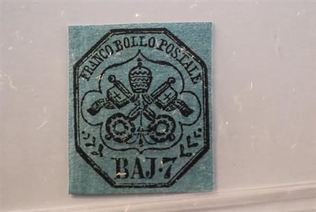 STATO PONTIFICIO - 1852, 7 baj azzurro (8). (Cert. B. S. Oliva).(GOMMA...