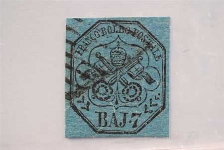 STATO PONTIFICIO - 1852, 7 baj azzurro (8) annullo a losanga. (Cert. G....