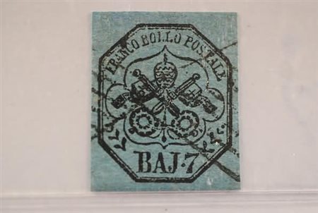 STATO PONTIFICIO - 1852, 7 baj azzurro (8). (A. Diena).(USATO)