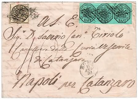 STATO PONTIFICIO - 1859, 7 baj azzurro (8) striscia di 3 + 4 baj giallo...