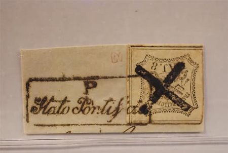 STATO PONTIFICIO - 1852, 8 baj bianco (9) su frammento annullato con croce di...