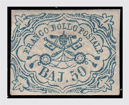 STATO PONTIFICIO - 1852, 50 baj azzurro (10) esemplare rigommato, leggermente...