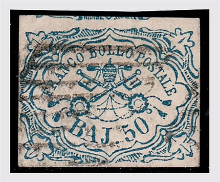STATO PONTIFICIO - 1852, 50 baj azzurro (10). Bella qualità. (Cert....
