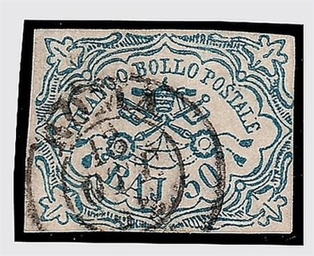 STATO PONTIFICIO - 1852, 50 baj azzurro (10) con annullo circolare. (G....