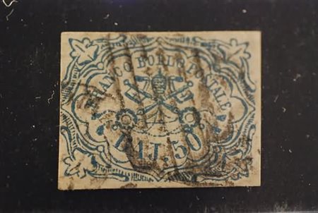 STATO PONTIFICIO - 1852, 50 baj azzurro (10) tre margini grandi, a filo a...