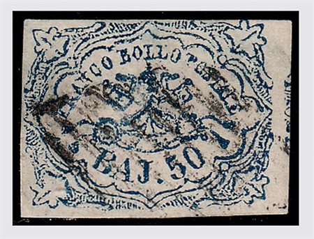 STATO PONTIFICIO - 1864, 50 baj azzurro oltremare scuro (12). Bella qualità....