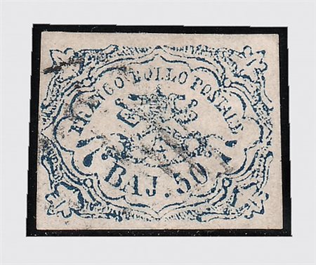 STATO PONTIFICIO - 1864, 50 baj azzurro oltremare scuro, stampa difettosa...