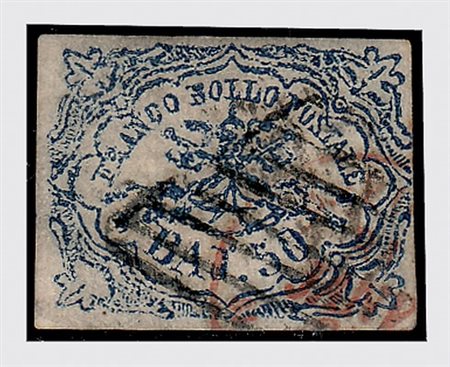 STATO PONTIFICIO - 1864, 50 baj azzurro oltremare scuro "stampa difettosa"...