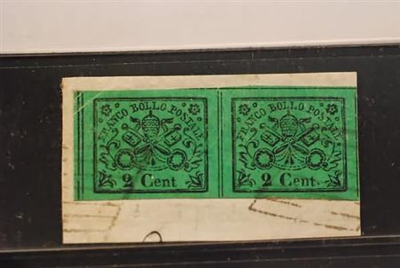 STATO PONTIFICIO - 1867, 2 c. verde giallo (13) in coppia orizzontale con...