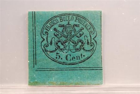 STATO PONTIFICIO - 1867, 5 c. azzurro verdastro (16) esemplare con angolo di...