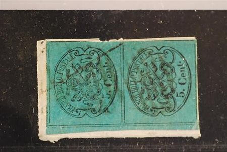 STATO PONTIFICIO - 1867, 5 c. azzurro verdastro (16) coppia su minimo...