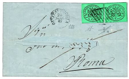 STATO PONTIFICIO - 1867, 5 c. azzurro verdastro 16) 2 esemplari su lettera da...