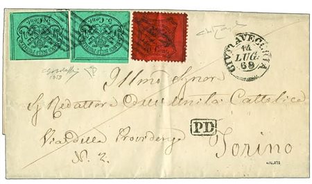 STATO PONTIFICIO - 1868, 5 c.azzurro verdastro (16) due esemplari + 10...