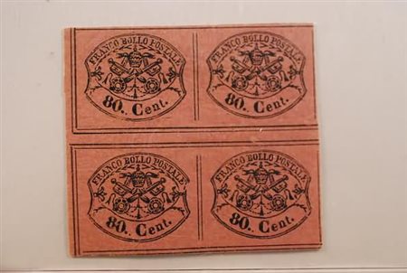 STATO PONTIFICIO - 1867, 80 c. rosa lillaceo (20) in blocco di quattro con...