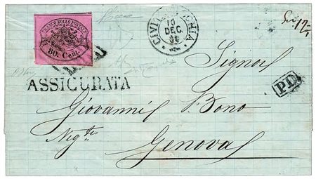 STATO PONTIFICIO - 1869, 80 c.rosa lillaceo vivo (20a) isolato su lettera...