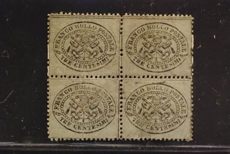 STATO PONTIFICIO - 1868, 3 c. grigio (24) quartina. (A. Diena).(GOMMA ORIGINALE)