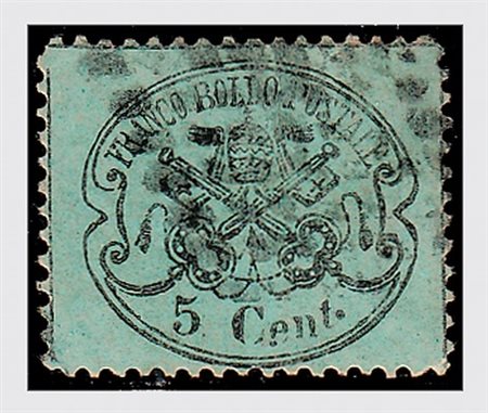 STATO PONTIFICIO - 1868, 5 c. azzurro verdastro (25a). (Cert. Raybaudi).(USATO)