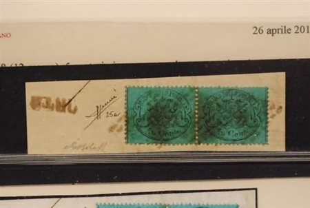 STATO PONTIFICIO - 1868, 5 c. azzurro verdastro (25a) coppia orizzontale su...