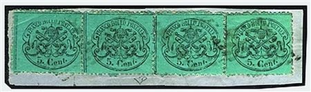 STATO PONTIFICIO - 1868, 5 c.azzurro verdastro (25b) in striscia di tre + 1...