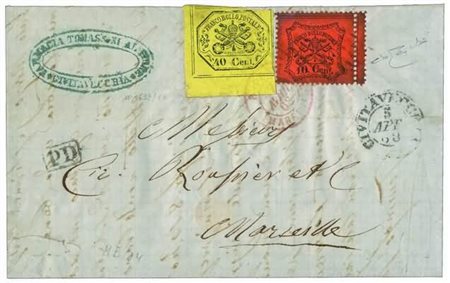 STATO PONTIFICIO - 1868, 40 c. giallo con margini di angolo di foglio (19) +...