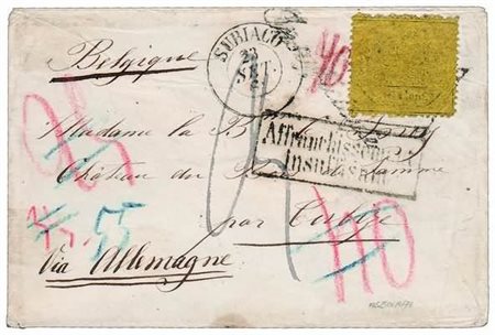 STATO PONTIFICIO - 1869, 40 c. giallo (29b) su bistina da Subiaco per Tubize...