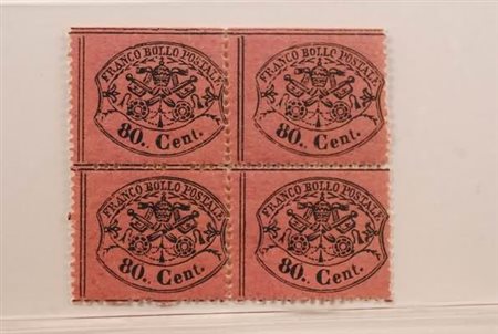 STATO PONTIFICIO - 1868, 80 c. lilla rosso (31) in blocco di quattro....