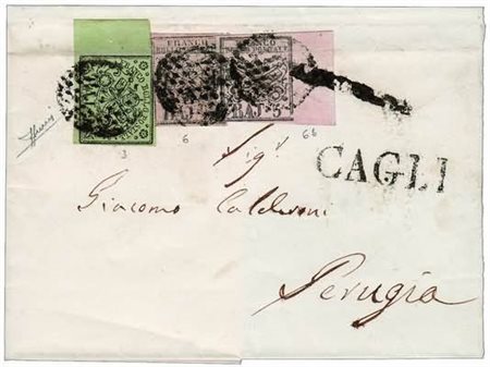 STATO PONTIFICIO ANNULLAMENTI - 1852, CAGLI lineare + muto (p.12) su 2 baj...