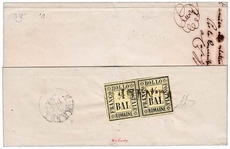 ROMAGNE - 1859, 1/2 baj giallo (1) coppia ben marginata su lettera da Argenta...
