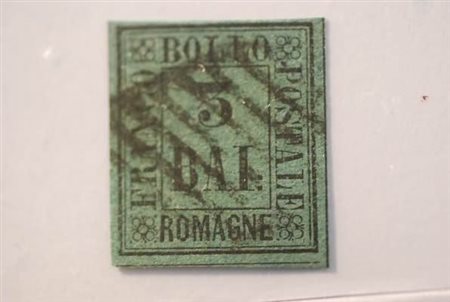 ROMAGNE - 1859, 3 baj verde scuro (4) annullato con bollo a griglia.(USATO)