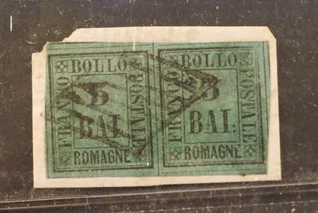 ROMAGNE - 1859, 3 baj verde scuro (4) coppia ben marginata su frammento....
