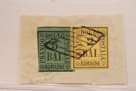 ROMAGNE - 1859, 2 baj giallo arancio (3) + 3 baj verde scuro, su frammento...