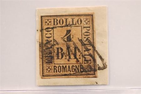 ROMAGNE - 1859, 4 baj fulvo (5) annullato con bollo a griglia su piccolo...