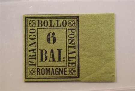 ROMAGNE - 1859, 6 baj verde giallo (7) bordo di foglio a destra.(GOMMA...