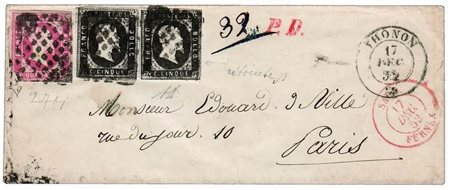 REGNO DI SARDEGNA - 1852, 5 c. nero (1) coppia orizzontale a filo a destra +...