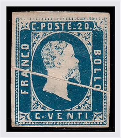 REGNO DI SARDEGNA - 1851, 20 c.azzurro (2) nuovo e ben marginato con la rara...