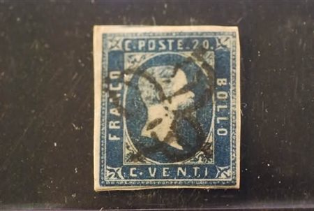 REGNO DI SARDEGNA - 1851, 20 c. azzurro (2) ancora aderente al frammento...