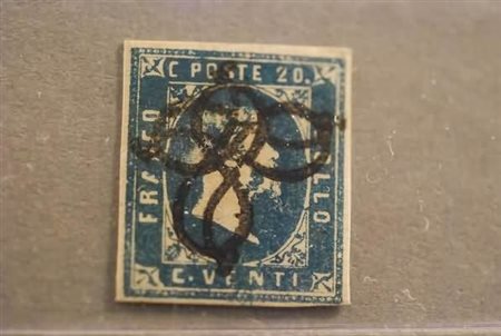 REGNO DI SARDEGNA - 1851, 20 c. azzurro (2) esemplare annullato con 2...