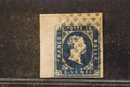 REGNO DI SARDEGNA - 1851, 20 c. azzurro (2) angolo di foglio su minimo...