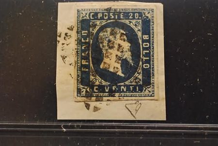 REGNO DI SARDEGNA - 1851, 20 c. azzurro (2) su piccolo frammento.(FRAMMENTO)