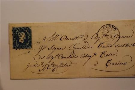 REGNO DI SARDEGNA - 1853, 20 c. azzurro (2) toccato a destra, in alto, su...