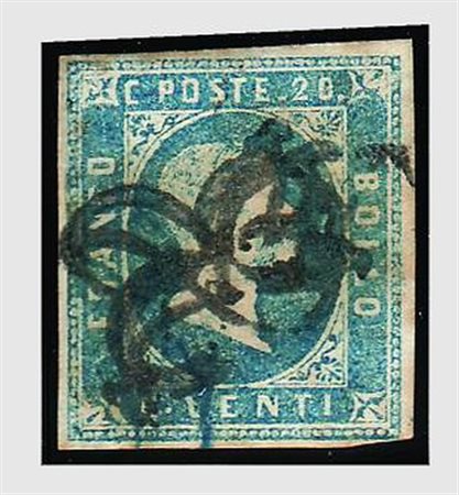 REGNO DI SARDEGNA - 1851, 20 c. azzurro chiaro (2f) esemplare annullato con 2...