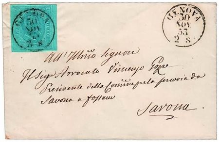 REGNO DI SARDEGNA - 1853, 20 c. azzurro (5) bordo a destra su bustina da...