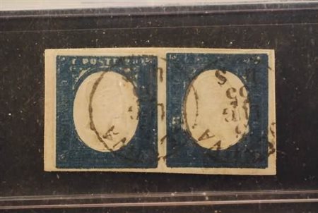 REGNO DI SARDEGNA - 1854, 20 c. azzurro (8) coppia orizzontale con...