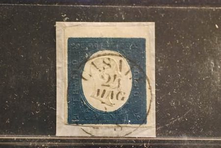 REGNO DI SARDEGNA - 1854, 20 c. azzurro (8) bordo in alto su piccolo...