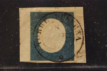 REGNO DI SARDEGNA - 1854, 20 c. azzurro chiaro (8b) non tosato a sinistra ed...