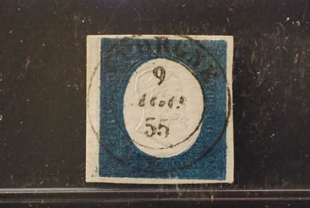 REGNO DI SARDEGNA - 1854, 20 c.indaco (8c) annullato CUORGNE' (p6) esemplare...