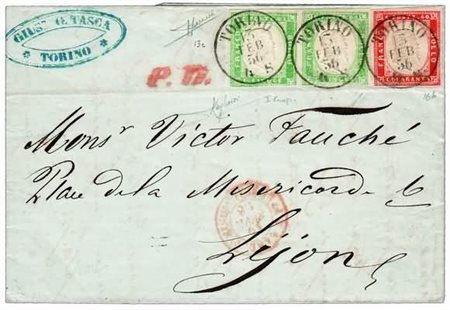 REGNO DI SARDEGNA - 1856, 5 c. verde pisello (13c) coppia orizzontale a filo...