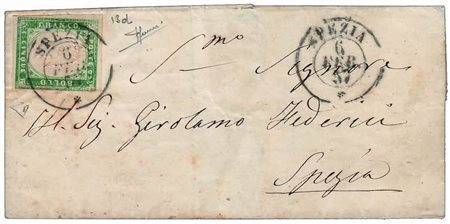 REGNO DI SARDEGNA - 1857, 5 c. verde smeraldo (13d) isolato su lettera da...